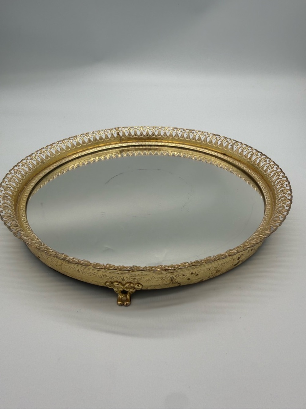 Vintage cottagecore ornate gilt circle perfume mirror tray 10”